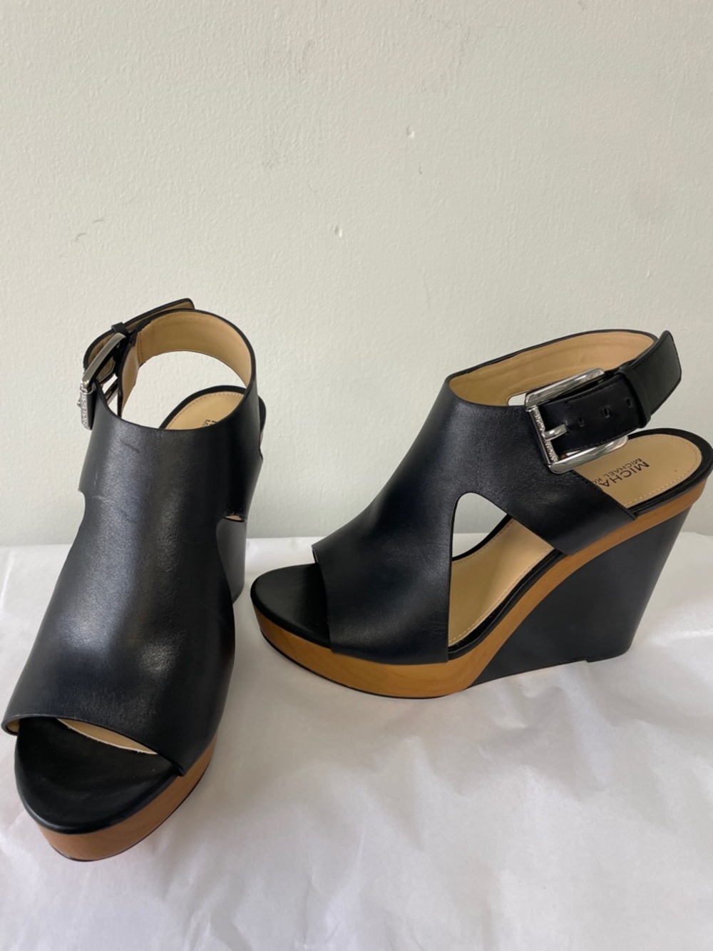 NEW Michael Kors Black Leather Wedge Sandals Slingback Wood Platform Heel 8M